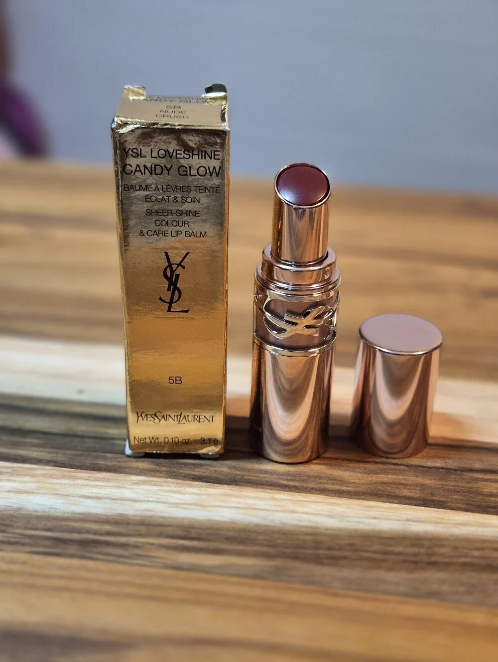 YSL Candy Glow Sheer Shine Color & Care Lip Balm: Nude Crush 5B .10oz, NIB